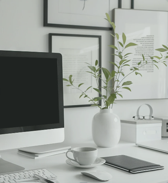 A calm white desk with an iMac, plant in a vase, cup and framed botanical art